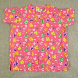 Stat Women's M Pink Yellow‎ Heart Print V-Neck Short Sleeve Scrub Cotton Blend P